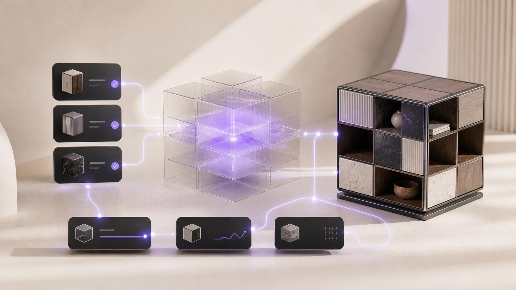 Material choices and commerce states synchronized through a configuration engine to a resolved modular product
