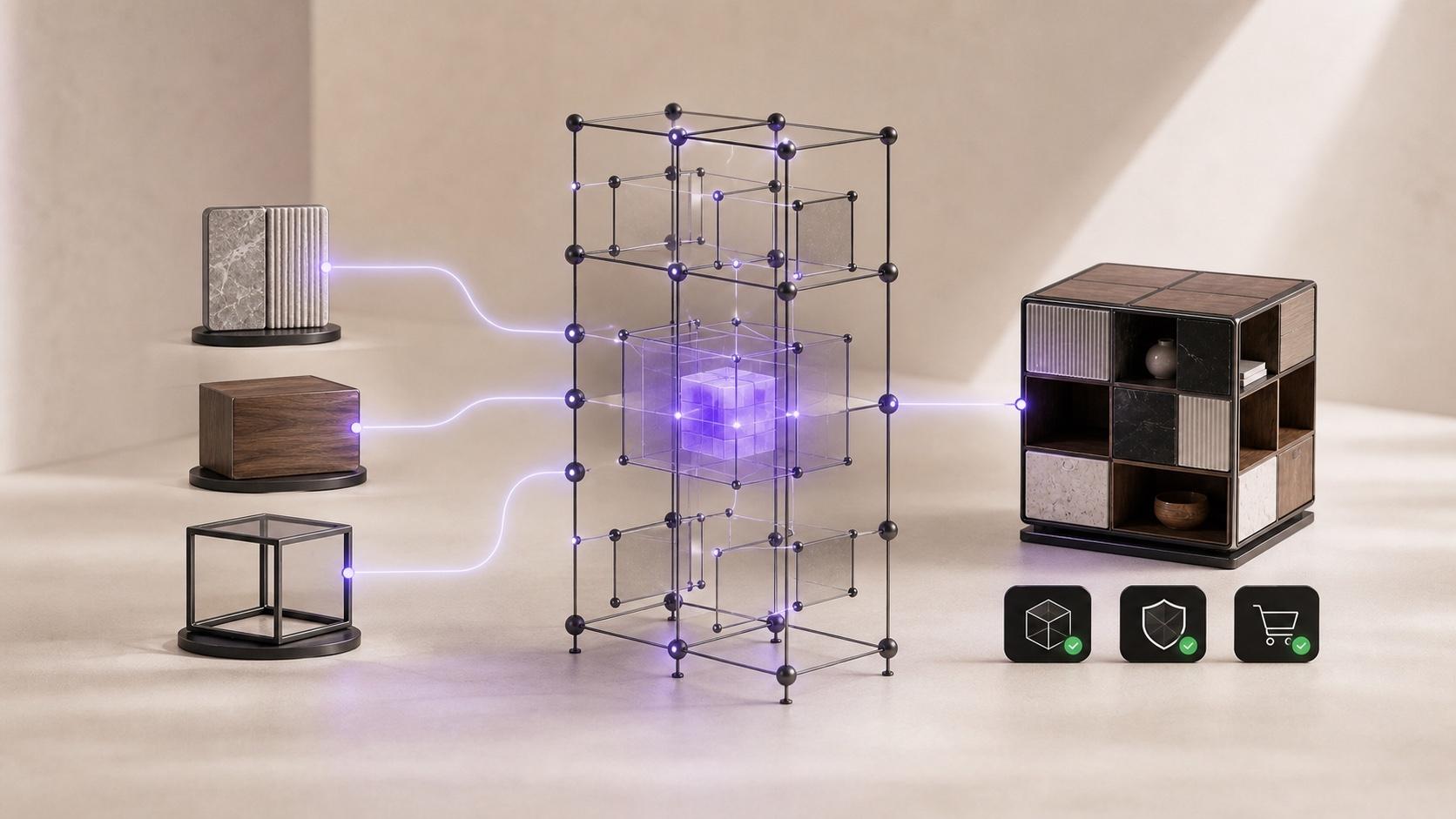 Product inputs passing through a rules lattice into one resolved modular product and valid commerce state