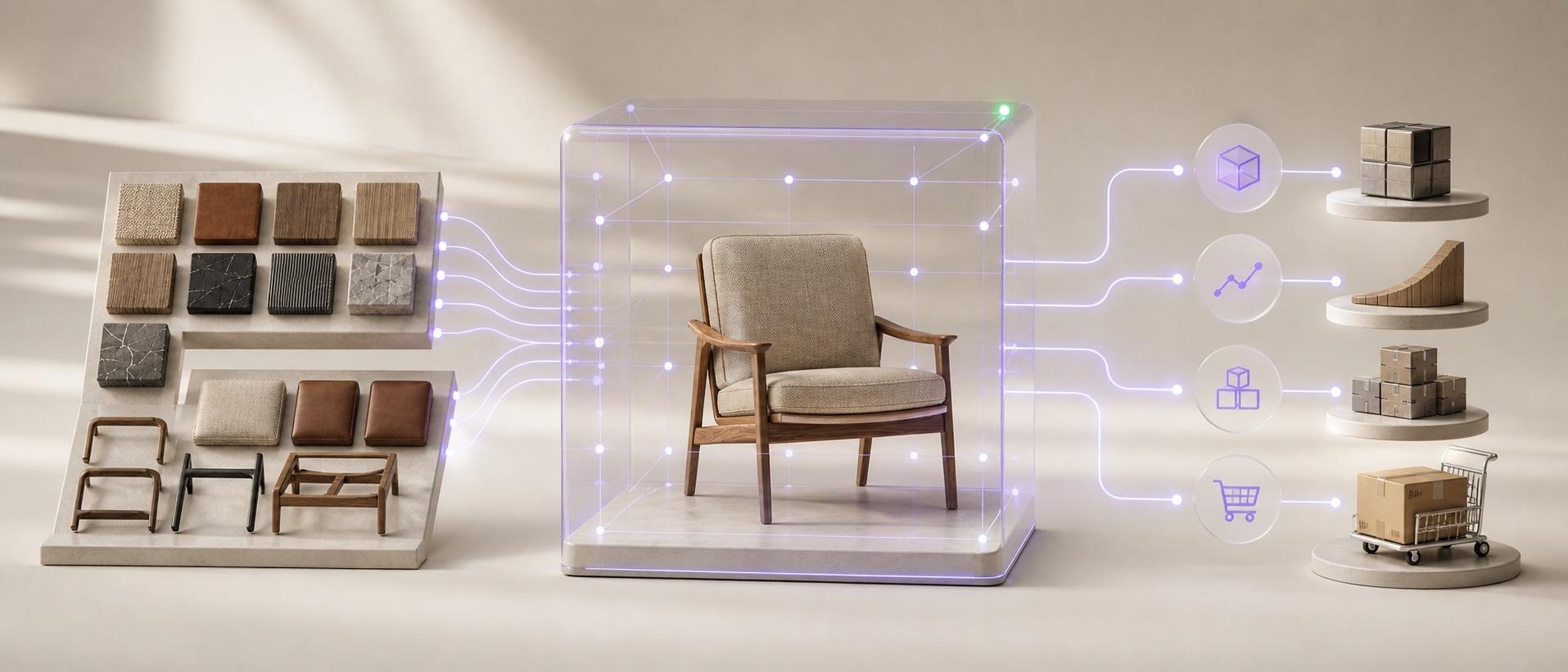 Material and component choices passing through one validated 3D scene into product identity, price, inventory, and cart outputs