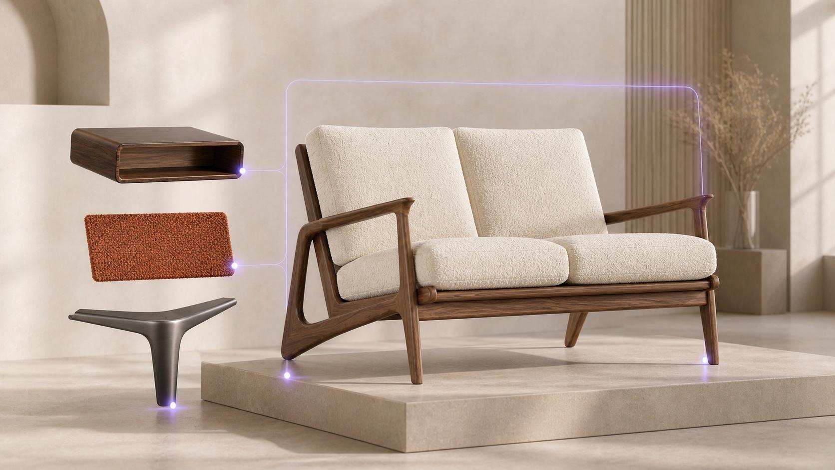 Resolved modular sofa with material and component choices locked to a valid commerce state